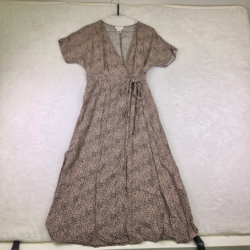Womens Leopard Animal Print Midi Dress Tan Black Flowy Crepe Sleeveless